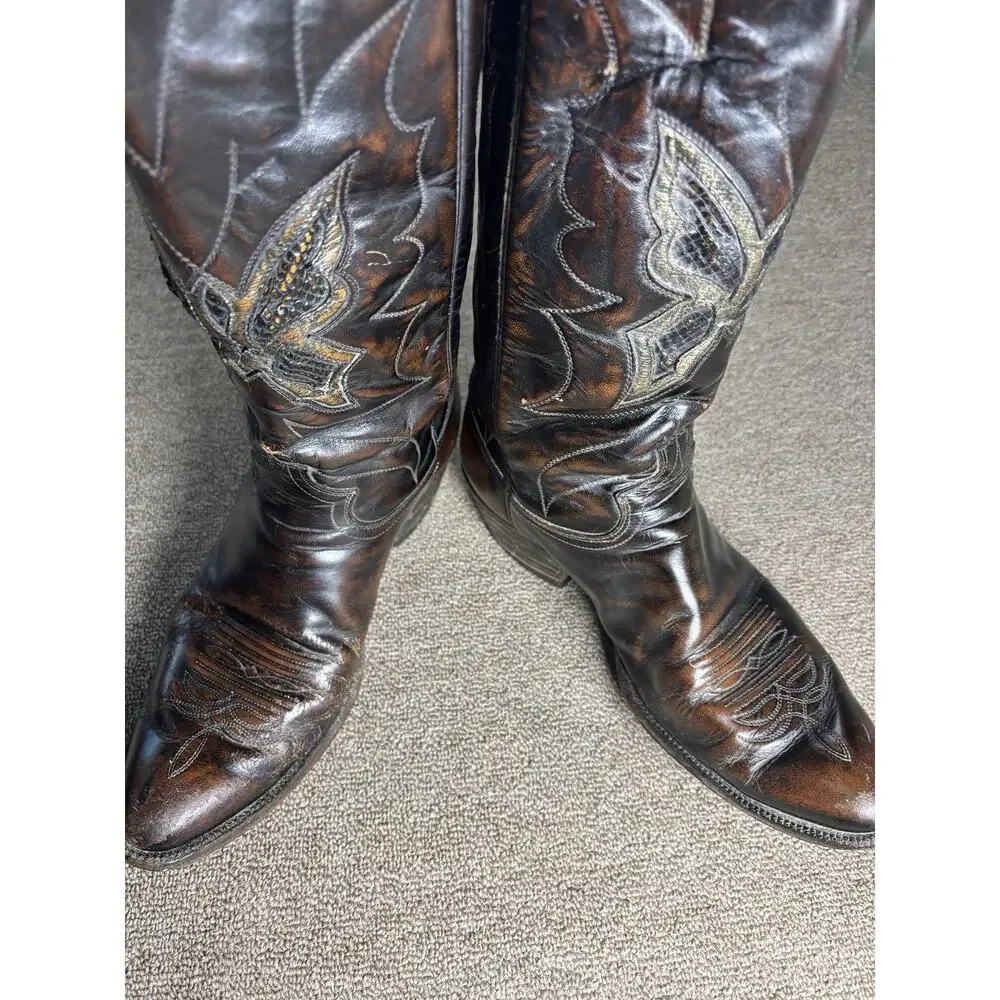 Vintage Justin 8507 USA Cowboy Boots Brown Leather Butterfly Inlay Men’s 10D